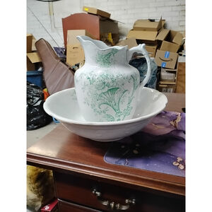 Crescent China George Jones & Sons Antique Pitcher Wash Basin Flowers Green